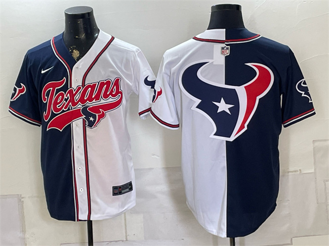 Men's Houston Texans Team Big Logo Navy/White Split With Patch Cool Base Stitched Baseball Jersey